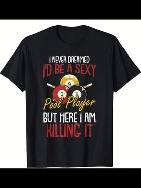 Funny Pool Player Graphic Tee - Black with Red, Yellow, White